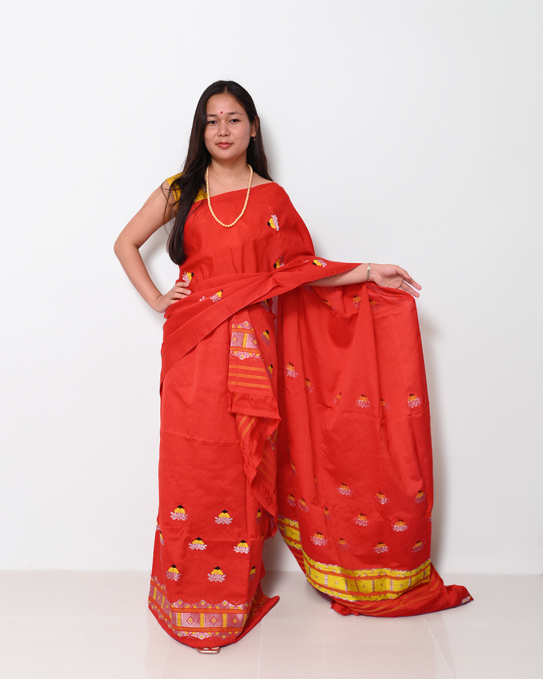Handcrafted Red Colored Kesapat Cotton Mekhela Sador with Unstitched Blouse Piece