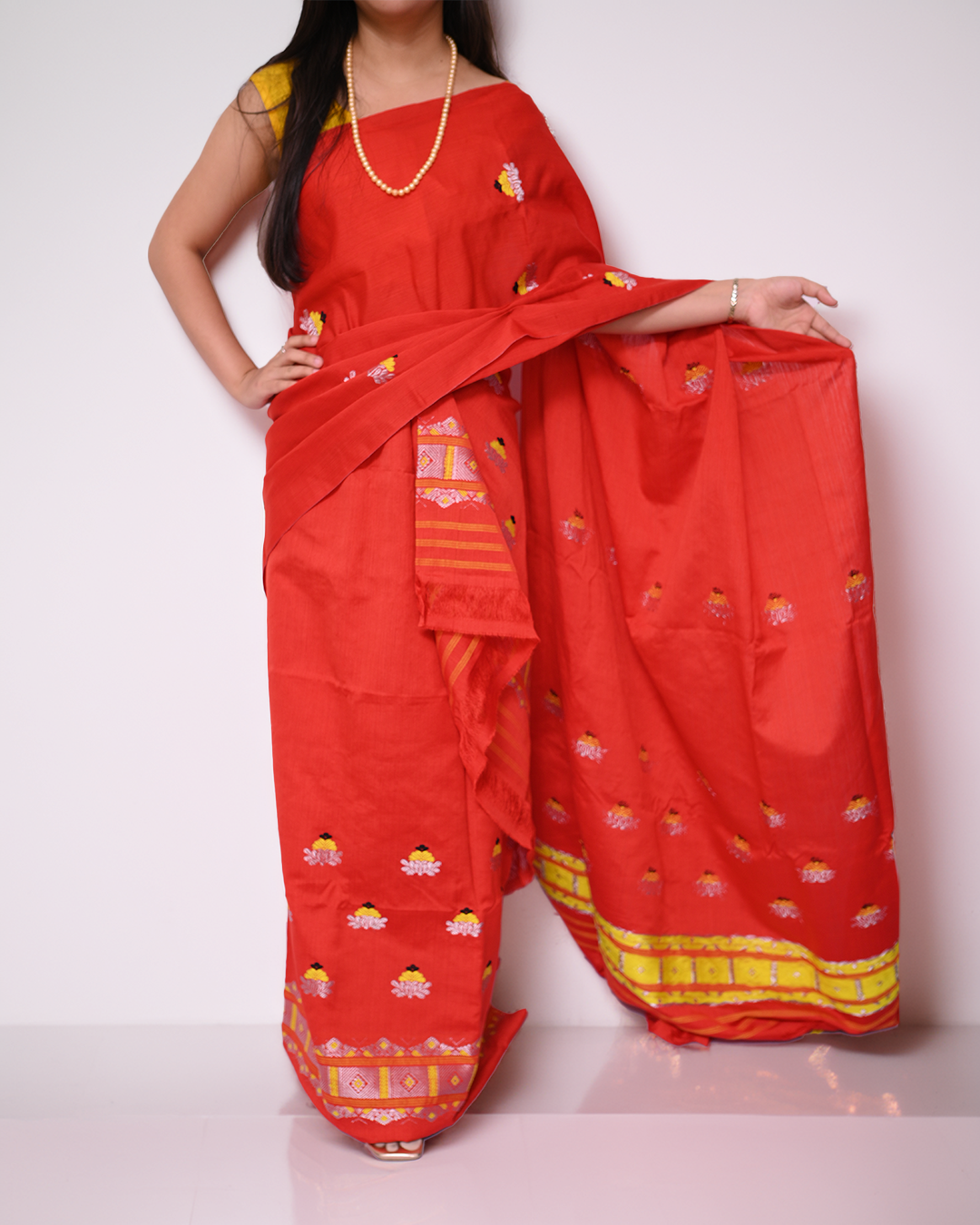 Handcrafted Red Colored Kesapat Cotton Mekhela Sador with Unstitched Blouse Piece