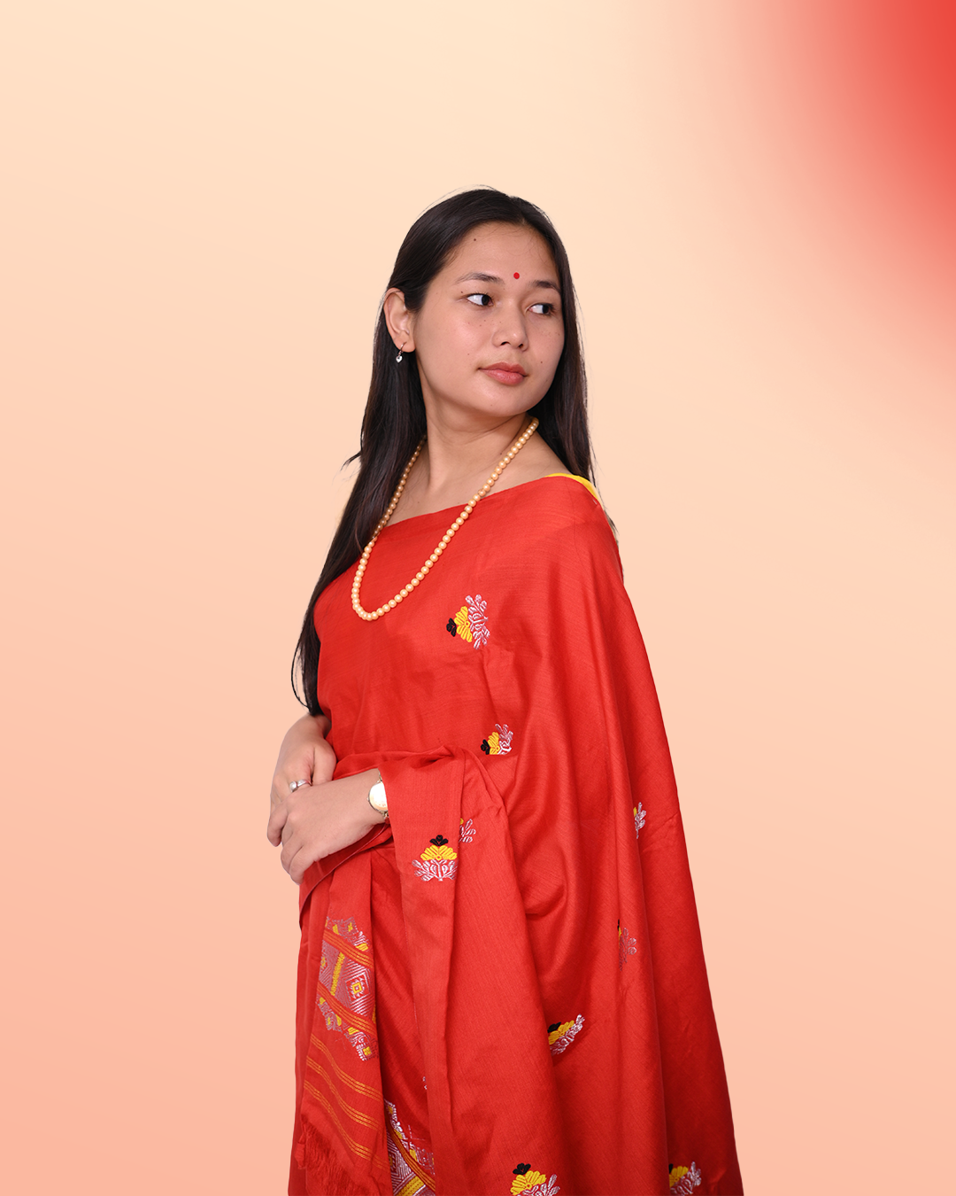 Handcrafted Red Colored Kesapat Cotton Mekhela Sador with Unstitched Blouse Piece