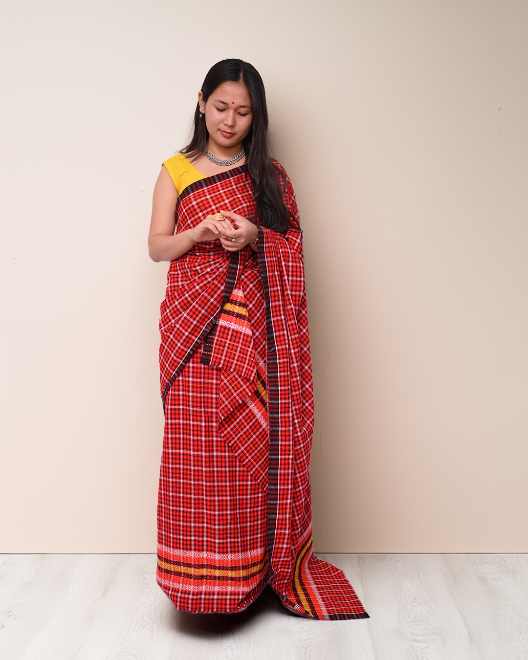 Ready to Wear – Handcrafted Pajok Jura Red & Maroon Padmini Cotton Mekhela Sador with Unstitched Blouse