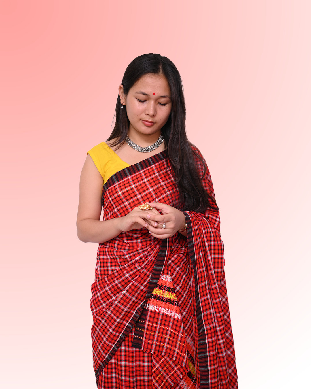 Ready to Wear – Handcrafted Pajok Jura Red & Maroon Padmini Cotton Mekhela Sador with Unstitched Blouse