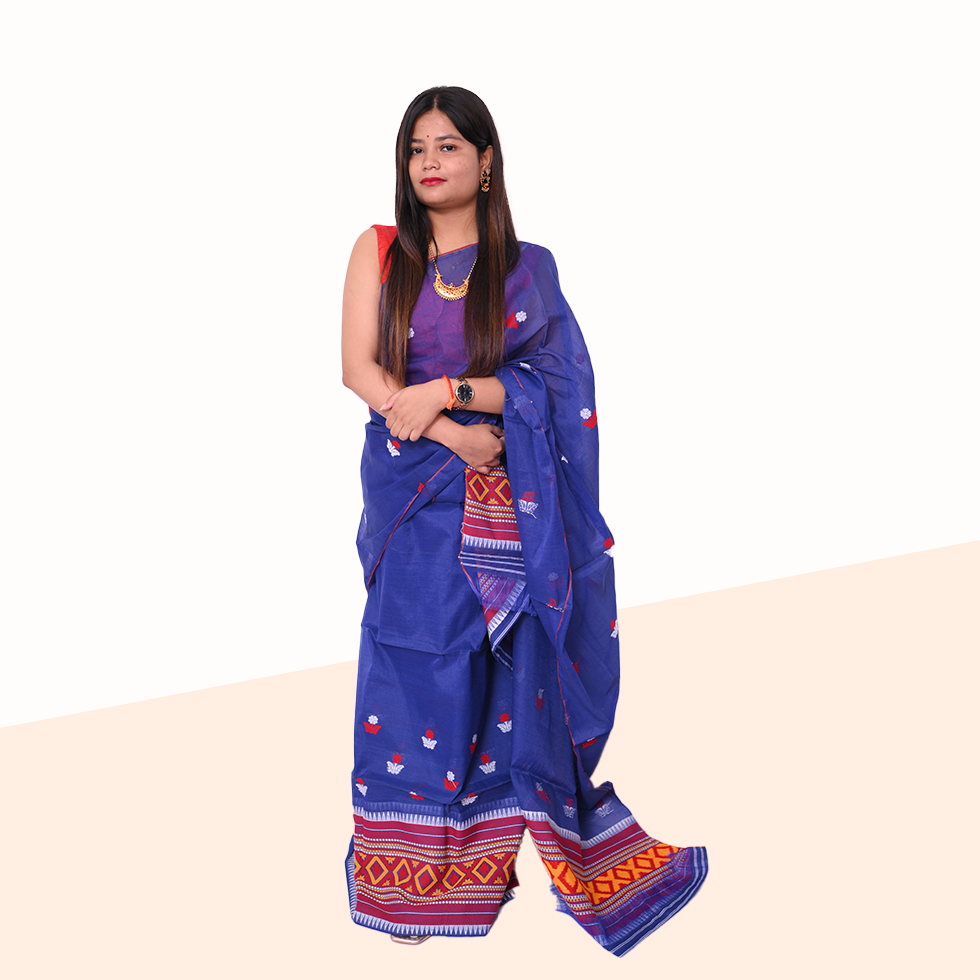 Handcrafted Royal Indigo Wash Cotton Mekhela Sador – Ready-to-Wear Edition with Unstitched Blouse Piece