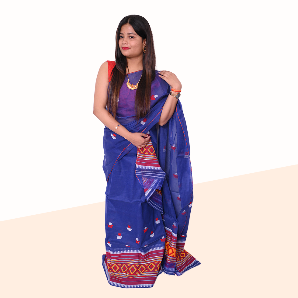 Handcrafted Royal Indigo Wash Cotton Mekhela Sador – Ready-to-Wear Edition with Unstitched Blouse Piece
