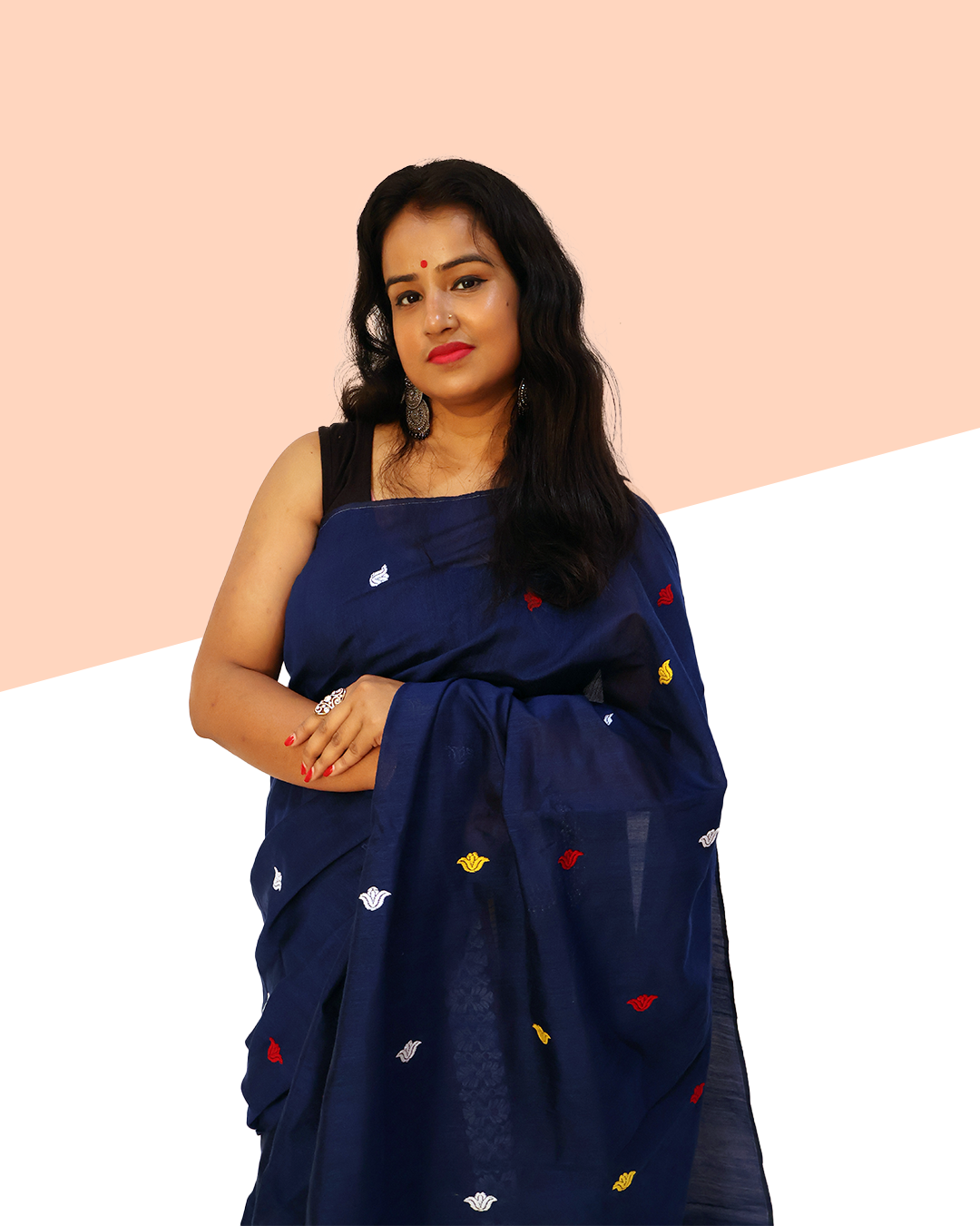 Handwoven Navy Blue Wash Cotton Mekhela Sador (Ready to Wear) with Multi-Coloured Motifs + Unstitched Blouse Piece