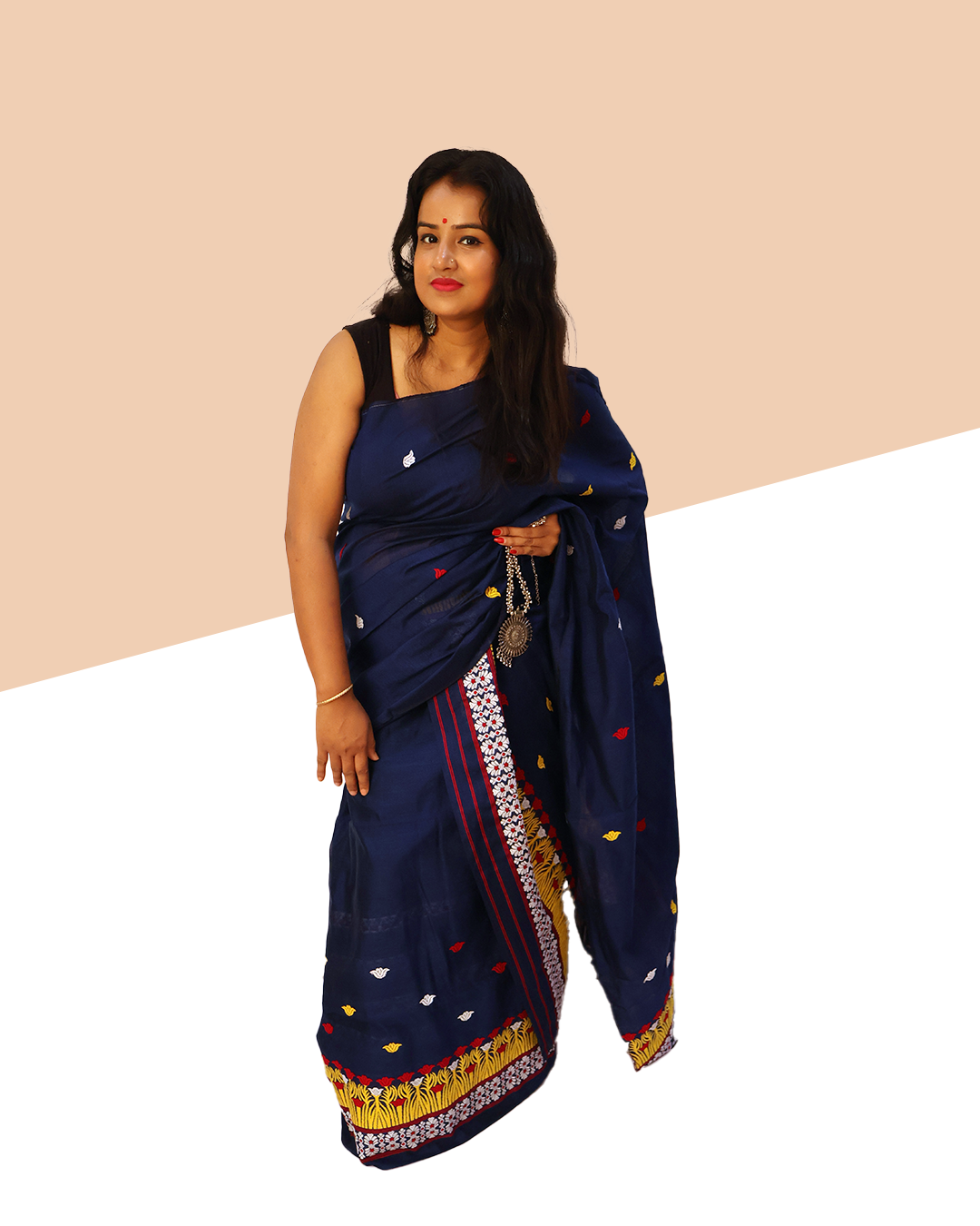 Handwoven Navy Blue Wash Cotton Mekhela Sador (Ready to Wear) with Multi-Coloured Motifs + Unstitched Blouse Piece