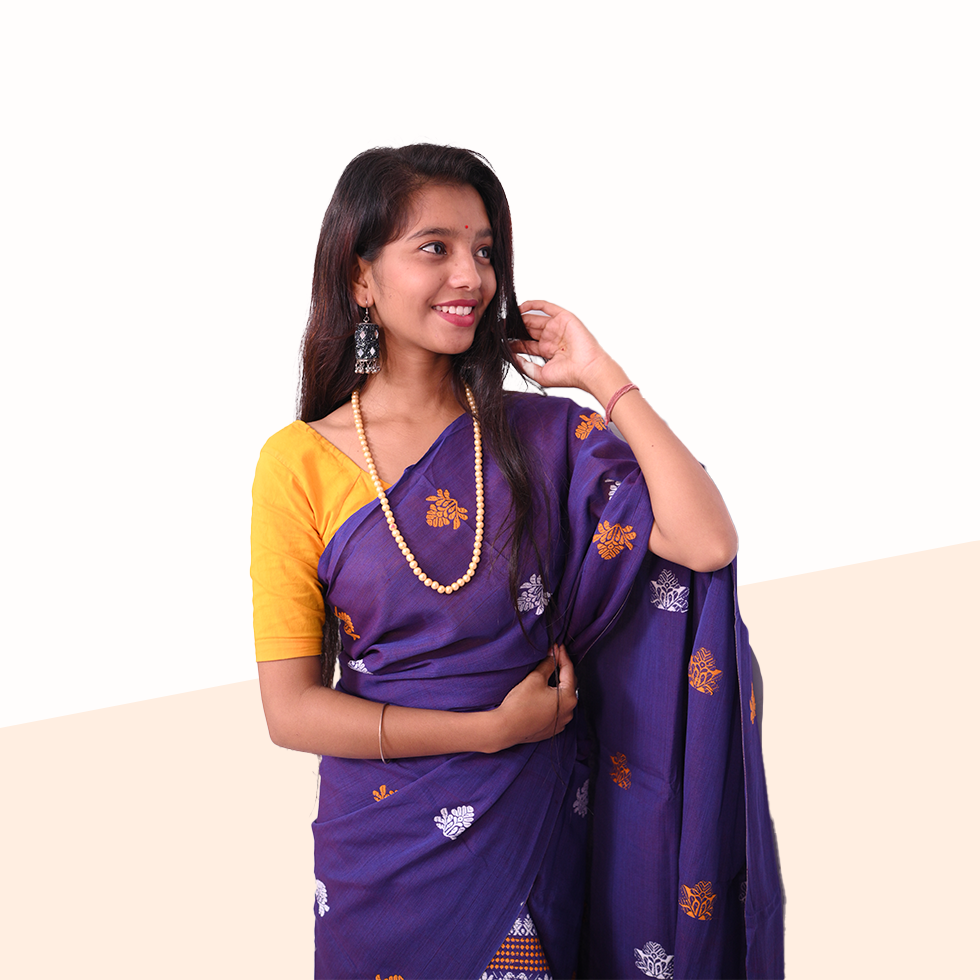 Handcrafted Deep Indigo Blue Masrised Cotton Mekhela Sador with Unstitched Blouse Piece