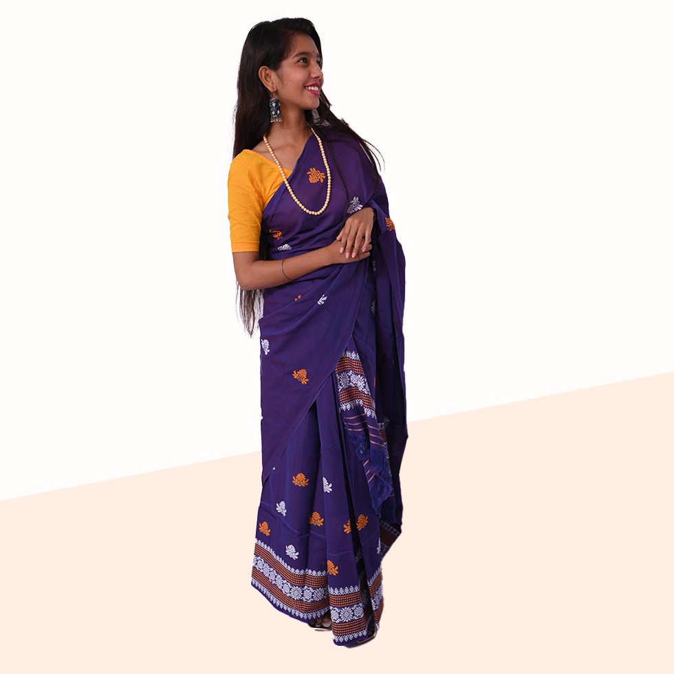 Handcrafted Deep Indigo Blue Masrised Cotton Mekhela Sador with Unstitched Blouse Piece