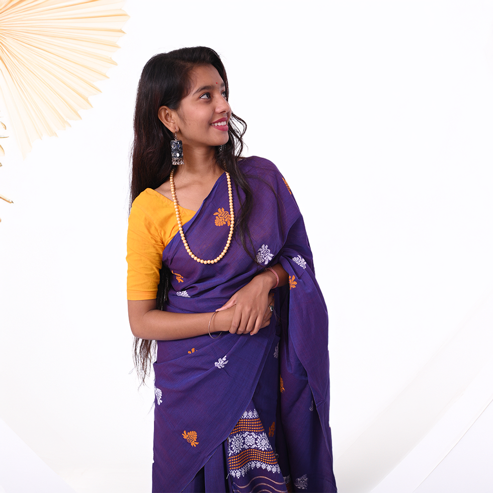 Handcrafted Deep Indigo Blue Masrised Cotton Mekhela Sador with Unstitched Blouse Piece