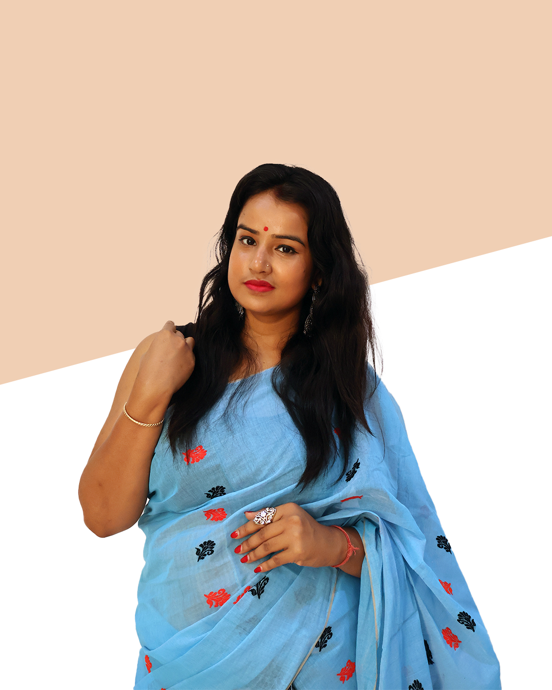 Handcrafted Light Blue Wash Cotton Mekhela Sador with Unstitched Blouse Piece