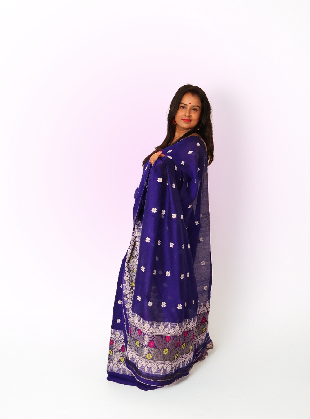 Handcrafted Ready-to-Wear Royal Blue Staple Cotton Mekhela Sador (With Unstitched Blouse Piece)