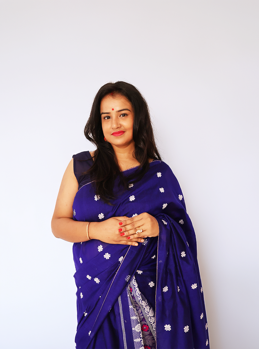Handcrafted Ready-to-Wear Royal Blue Staple Cotton Mekhela Sador (With Unstitched Blouse Piece)