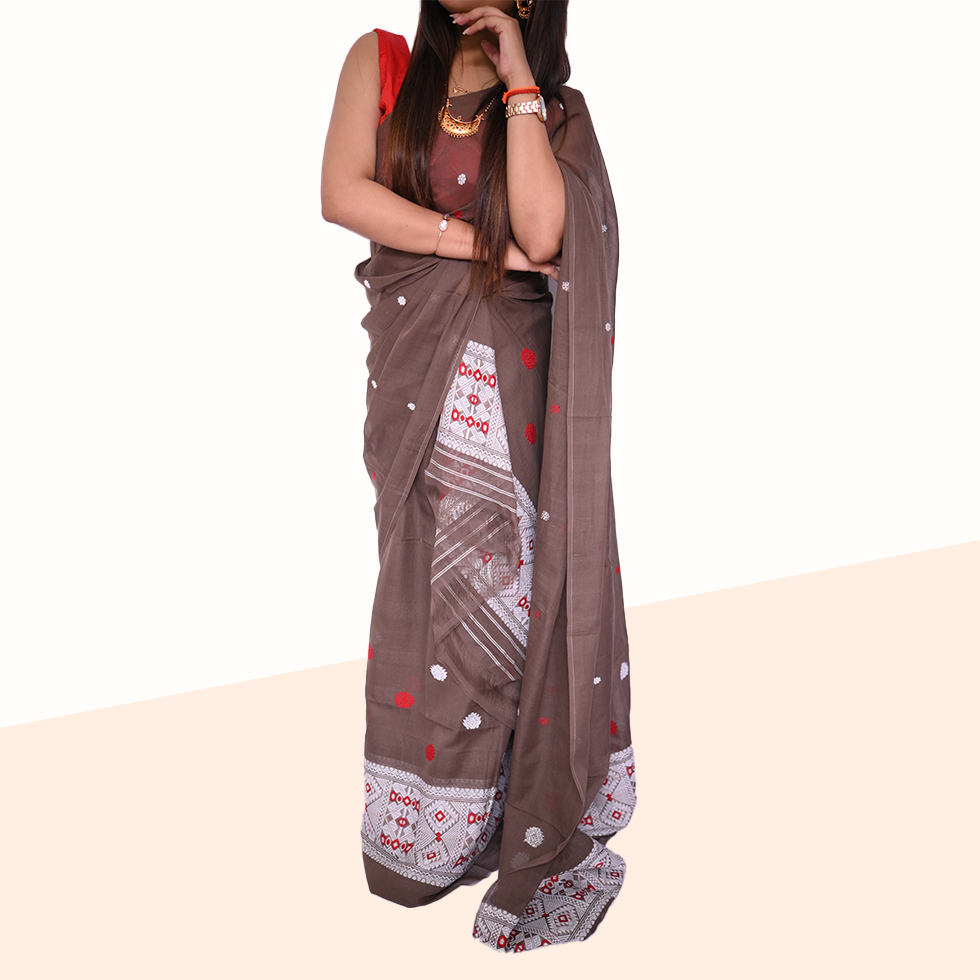 Handcrafted Light Brown Masrised Cotton Mekhela Sador with Unstitched Blouse Piece