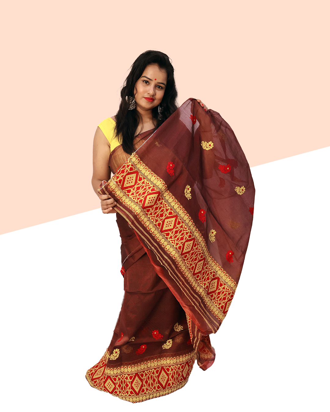 Handcrafted Maroon-Golden Wash Cotton Mekhela Sador – Ready-to-Wear Edition with Unstitched Blouse Piece