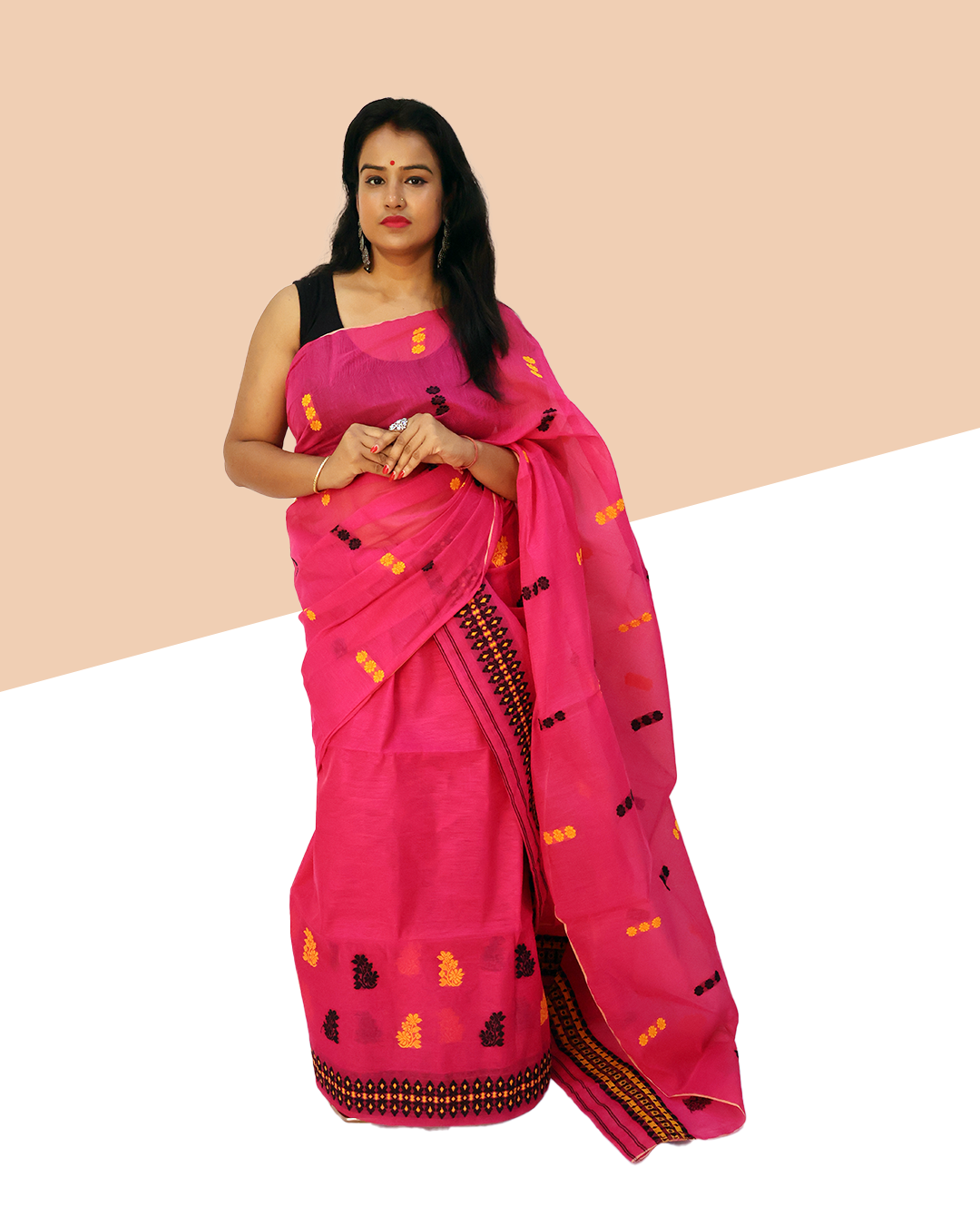 Handwoven Hot Pink Wash Cotton Mekhela Sador – Ready-to-Wear Edition with Unstitched Blouse Piece