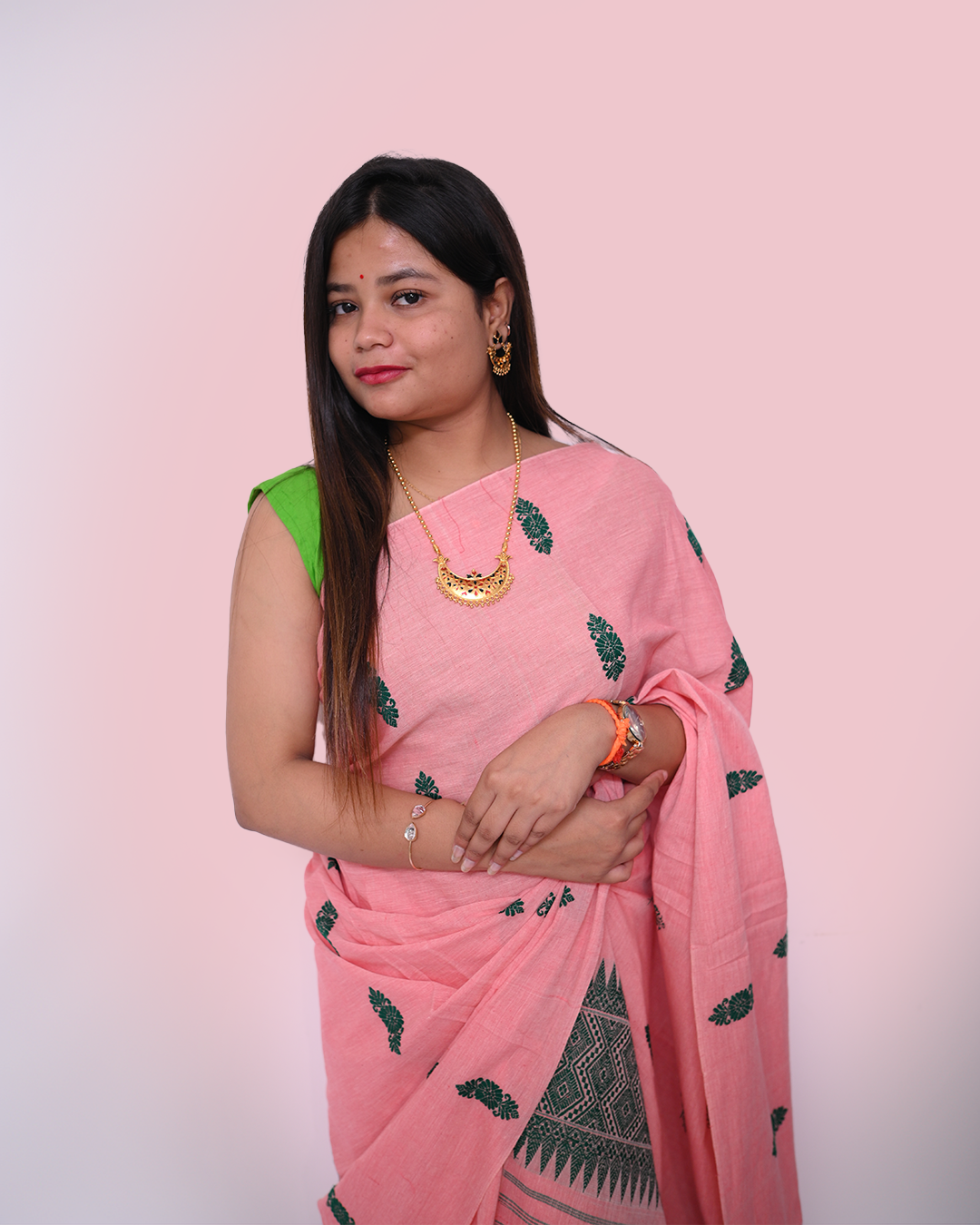 Handcrafted Muted Pink Masrised Cotton Mekhela Sador with Unstitched Blouse Piece