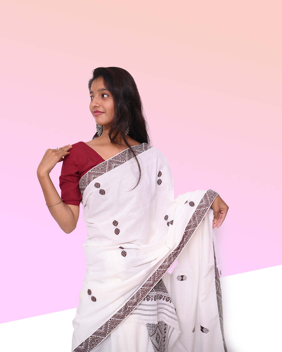 Handcrafted White Padmini Cotton Mekhela Sador with Unstitched Blouse Piece