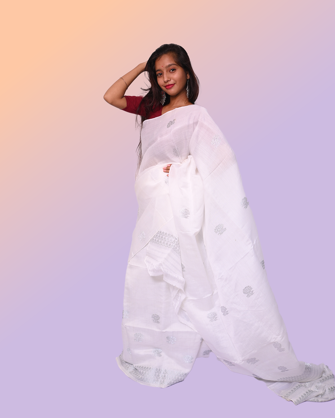 Handcrafted White Colored Kesapat Cotton Mekhela Sador with Unstitched Blouse Piece