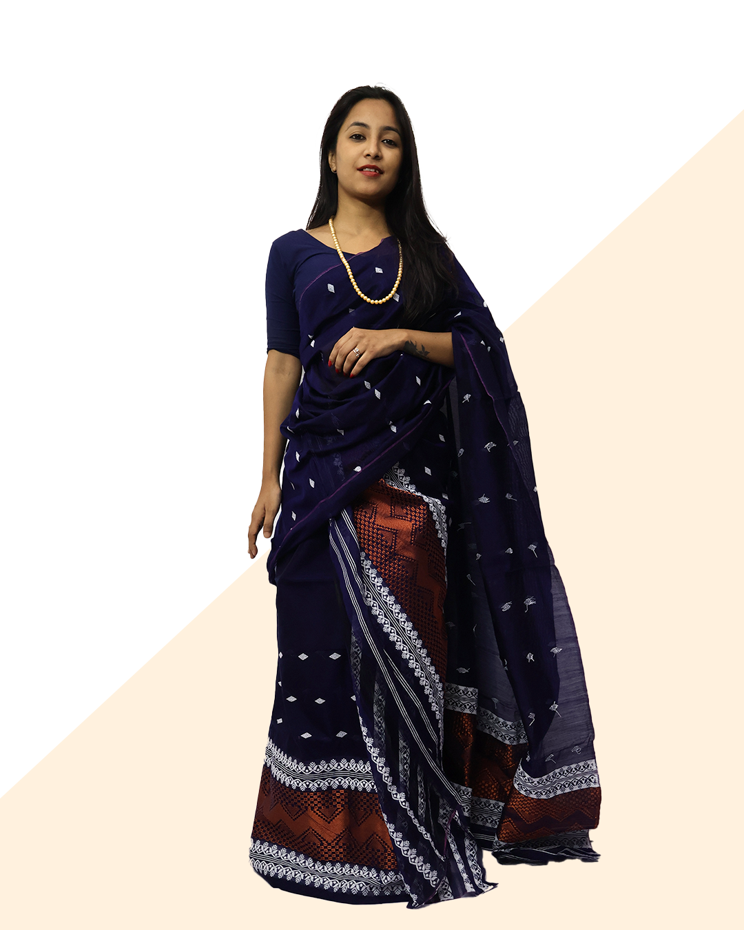 Handcrafted Navy Blue Staple Cotton Mekhela Sador – Ready-to-Wear Edition with Unstitched Blouse Piece