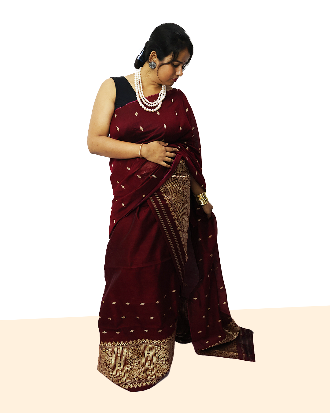 Handcrafted Maroon Staple Cotton Mekhela Sador – Ready-to-Wear Edition with Unstitched Blouse Piece
