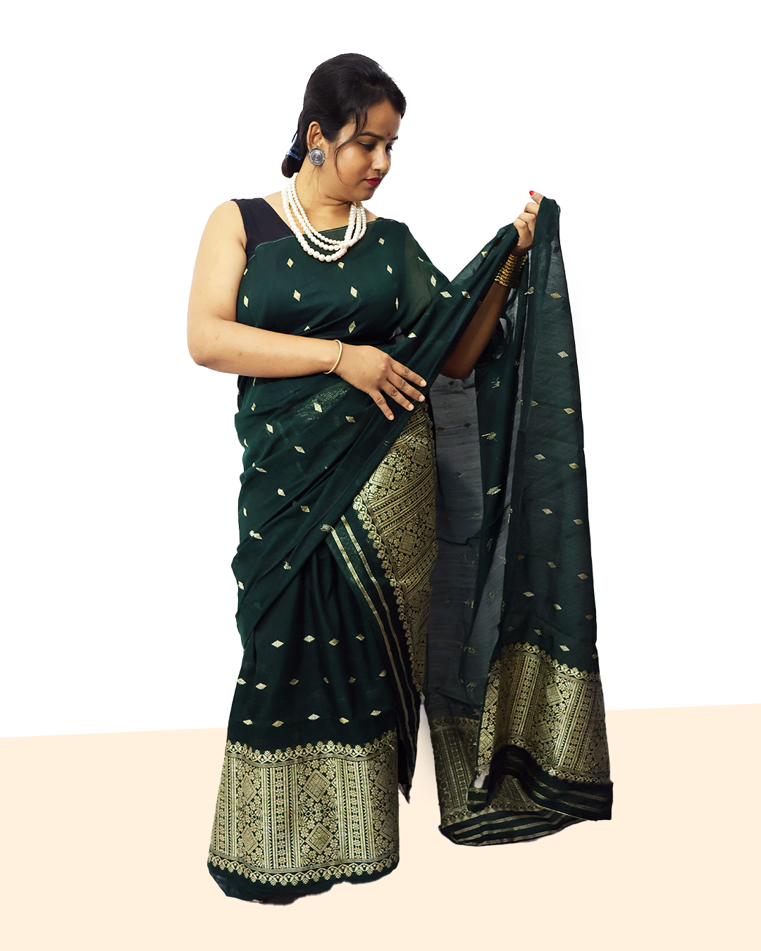 Handcrafted Deep Green Staple Cotton Mekhela Sador with Ghisha Work – Ready-to-Wear Edition with Unstitched Blouse Piece
