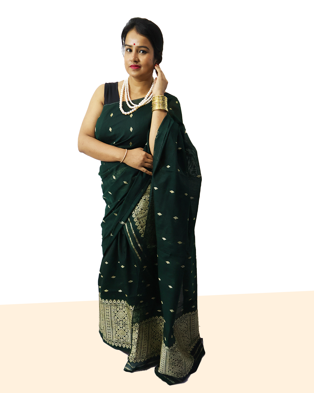 Handcrafted Deep Green Staple Cotton Mekhela Sador with Ghisha Work – Ready-to-Wear Edition with Unstitched Blouse Piece