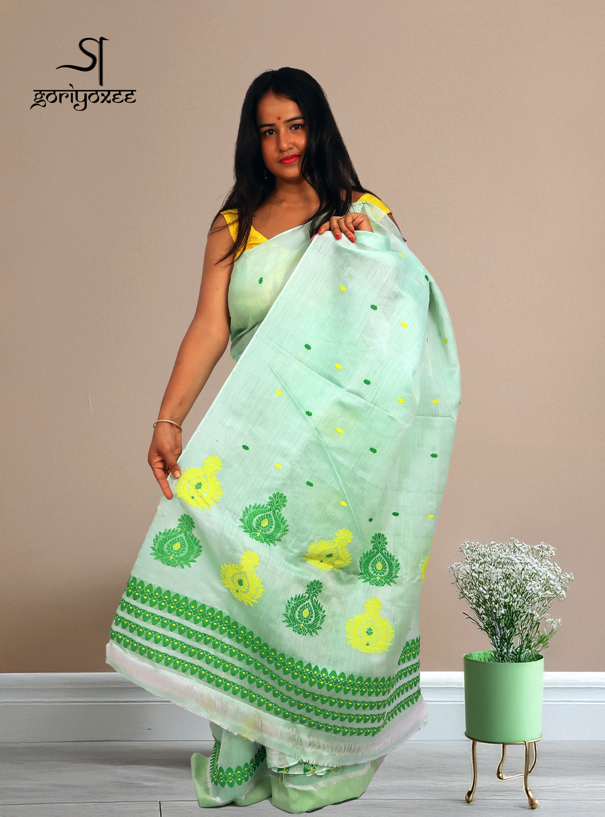 Handcrafted Light Green Kesapat Cotton Mekhela Sador with Unstitched Blouse Piece
