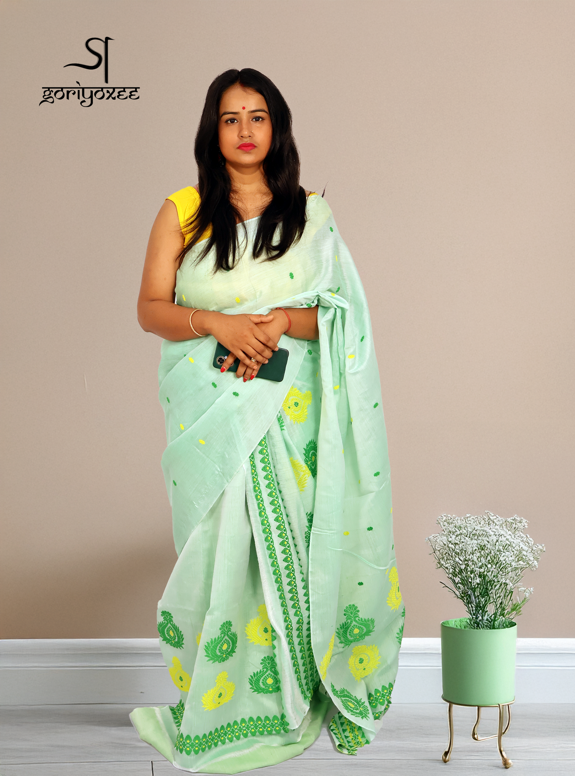 Handcrafted Light Green Kesapat Cotton Mekhela Sador with Unstitched Blouse Piece