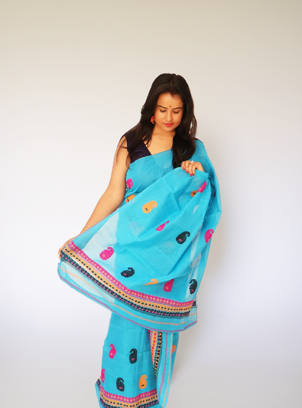 Handcrafted Ready-to-Wear Light Blue Wash Cotton Mekhela Sador (With Unstitched Blouse Piece)