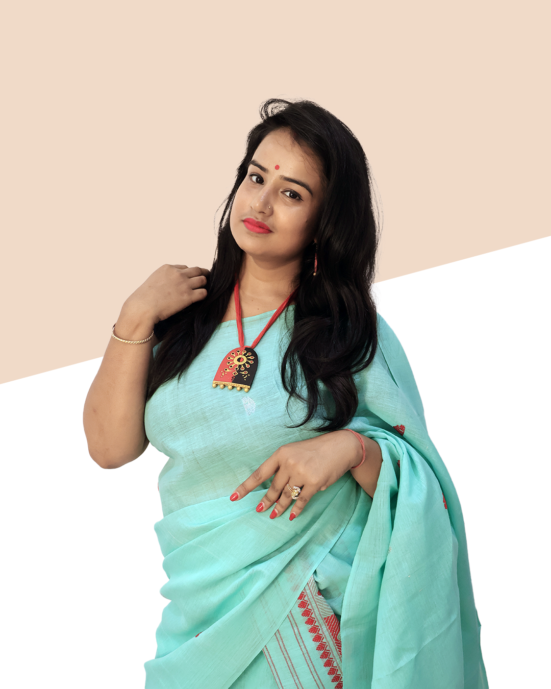 Handwoven Pastel Mint Nooni Cotton Mekhela Sador (Ready to Wear) with Traditional Red & White Motifs