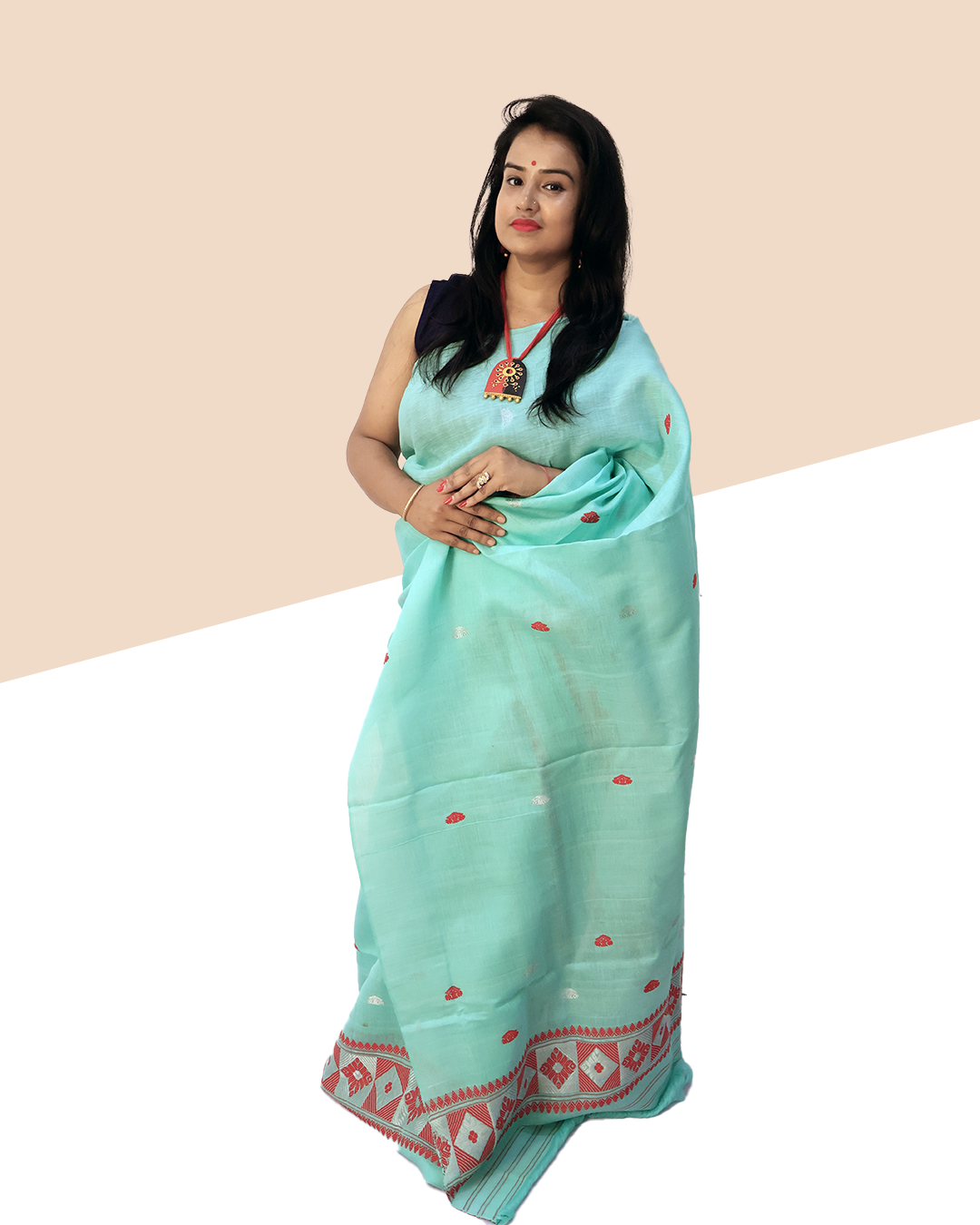 Handwoven Pastel Mint Nooni Cotton Mekhela Sador (Ready to Wear) with Traditional Red & White Motifs