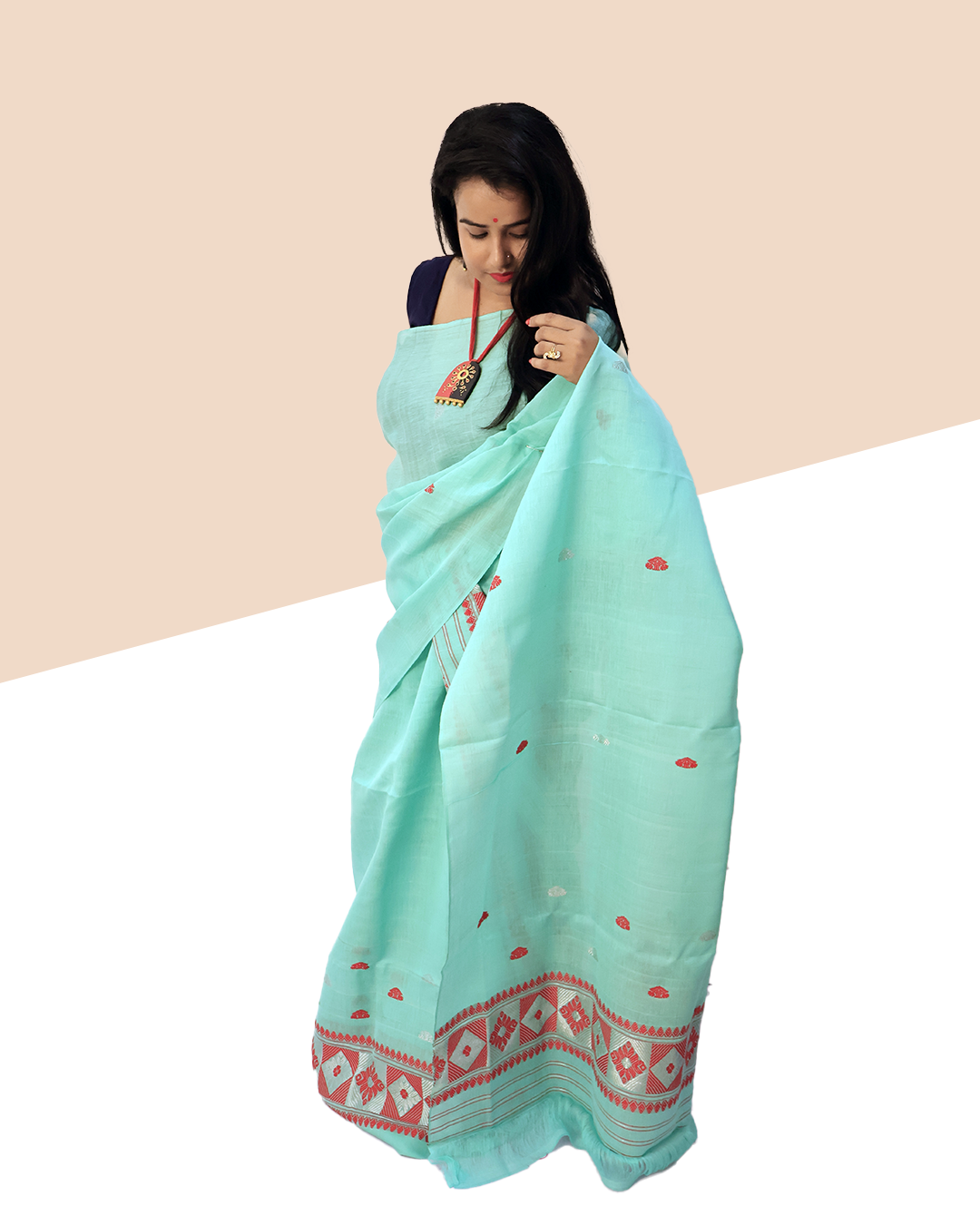 Handwoven Pastel Mint Nooni Cotton Mekhela Sador (Ready to Wear) with Traditional Red & White Motifs