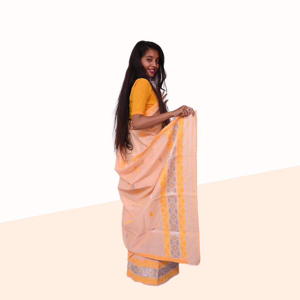 Handcrafted Peach-Colored Nuni Cotton Mekhela Sador with Unstitched Blouse Piece
