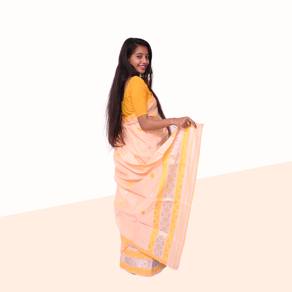 Handcrafted Peach-Colored Nuni Cotton Mekhela Sador with Unstitched Blouse Piece