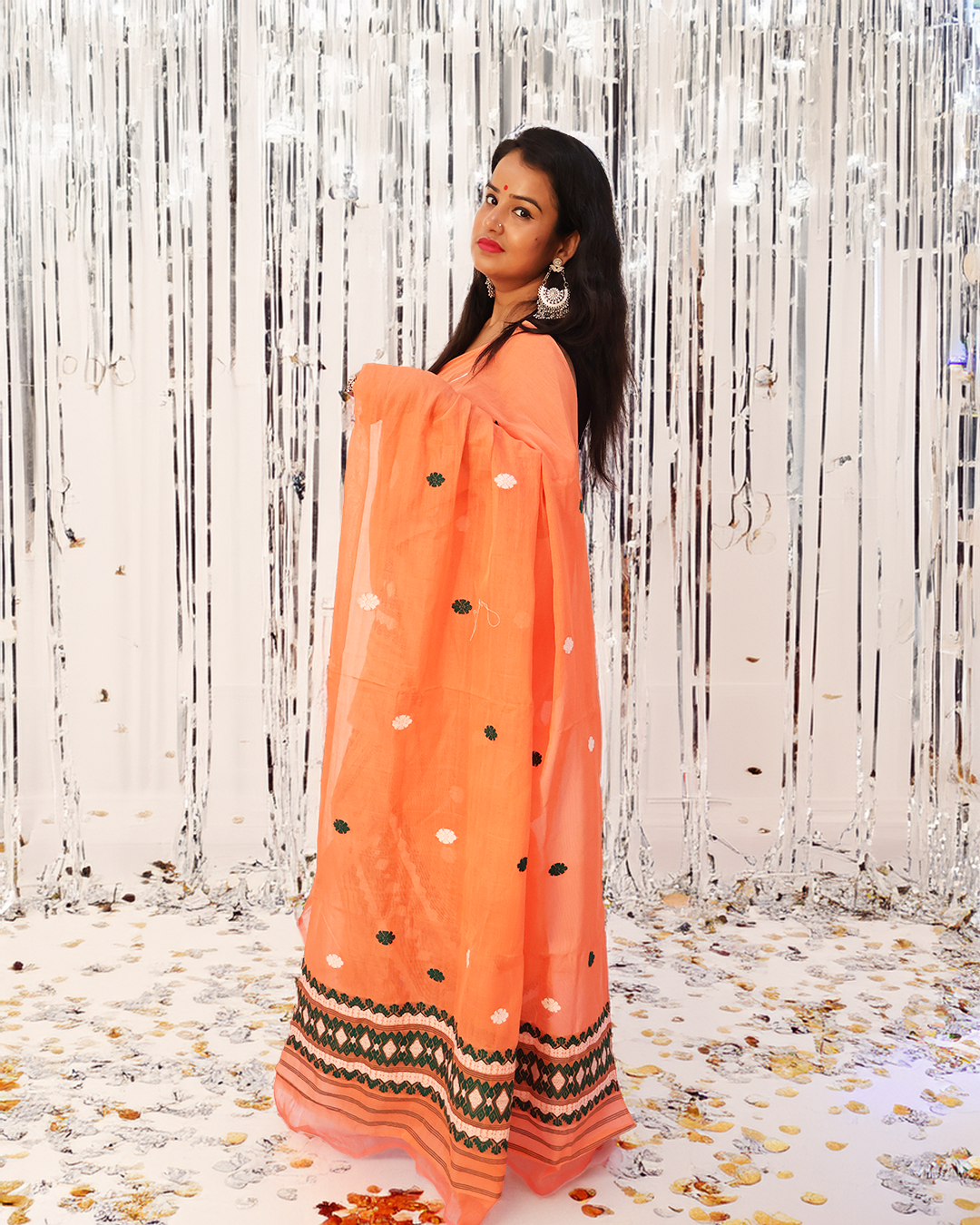 Elegant Peach Masrised Cotton Mekhela Sador –Handcrafted Ready-to-Wear Edition with Unstitched Blouse Piece