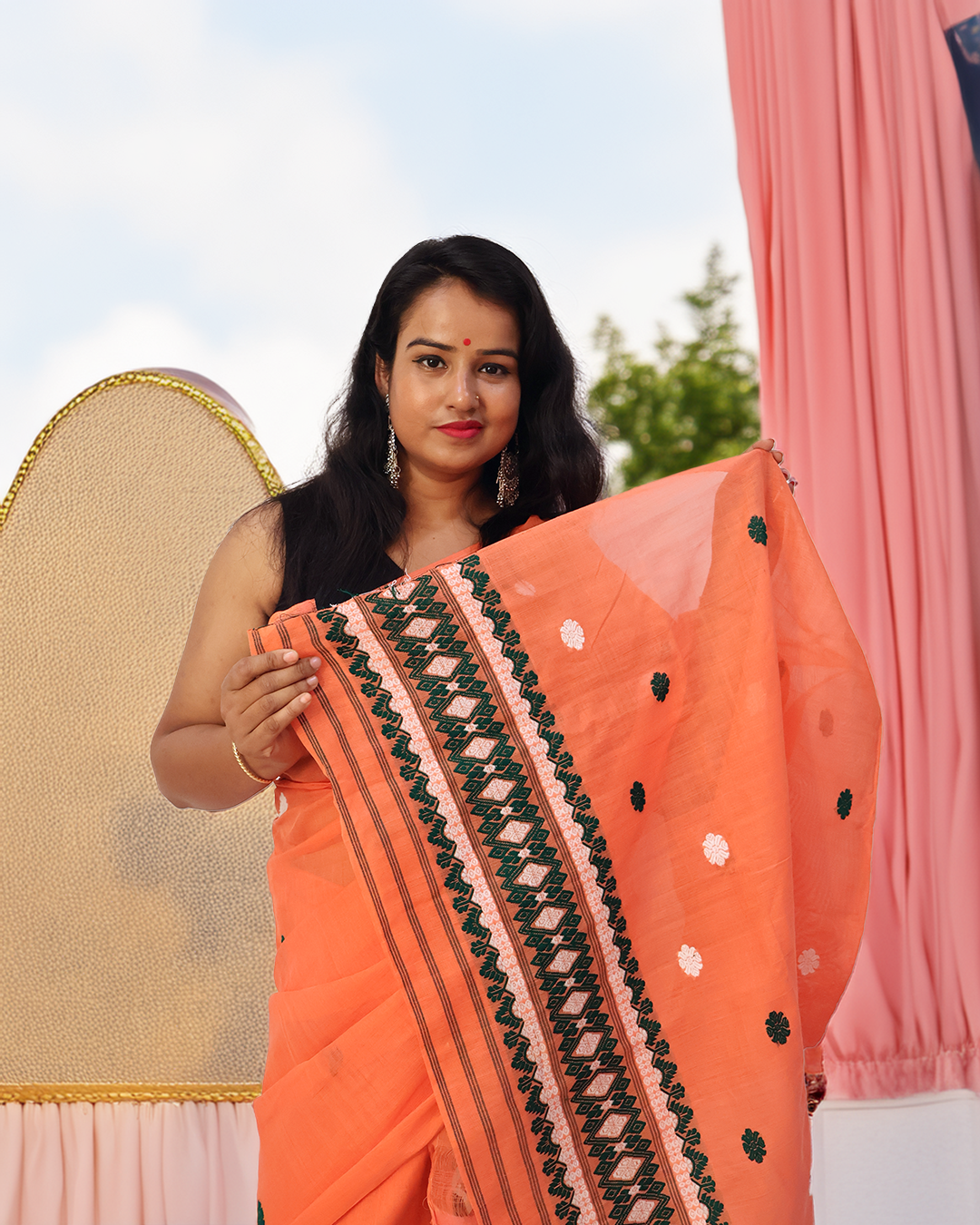 Elegant Peach Masrised Cotton Mekhela Sador –Handcrafted Ready-to-Wear Edition with Unstitched Blouse Piece