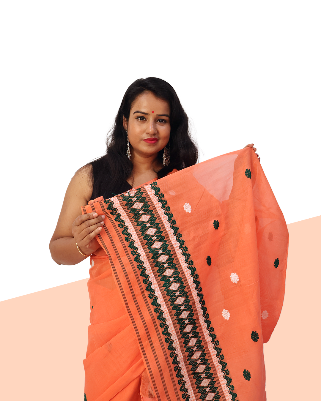 Elegant Peach Masrised Cotton Mekhela Sador –Handcrafted Ready-to-Wear Edition with Unstitched Blouse Piece