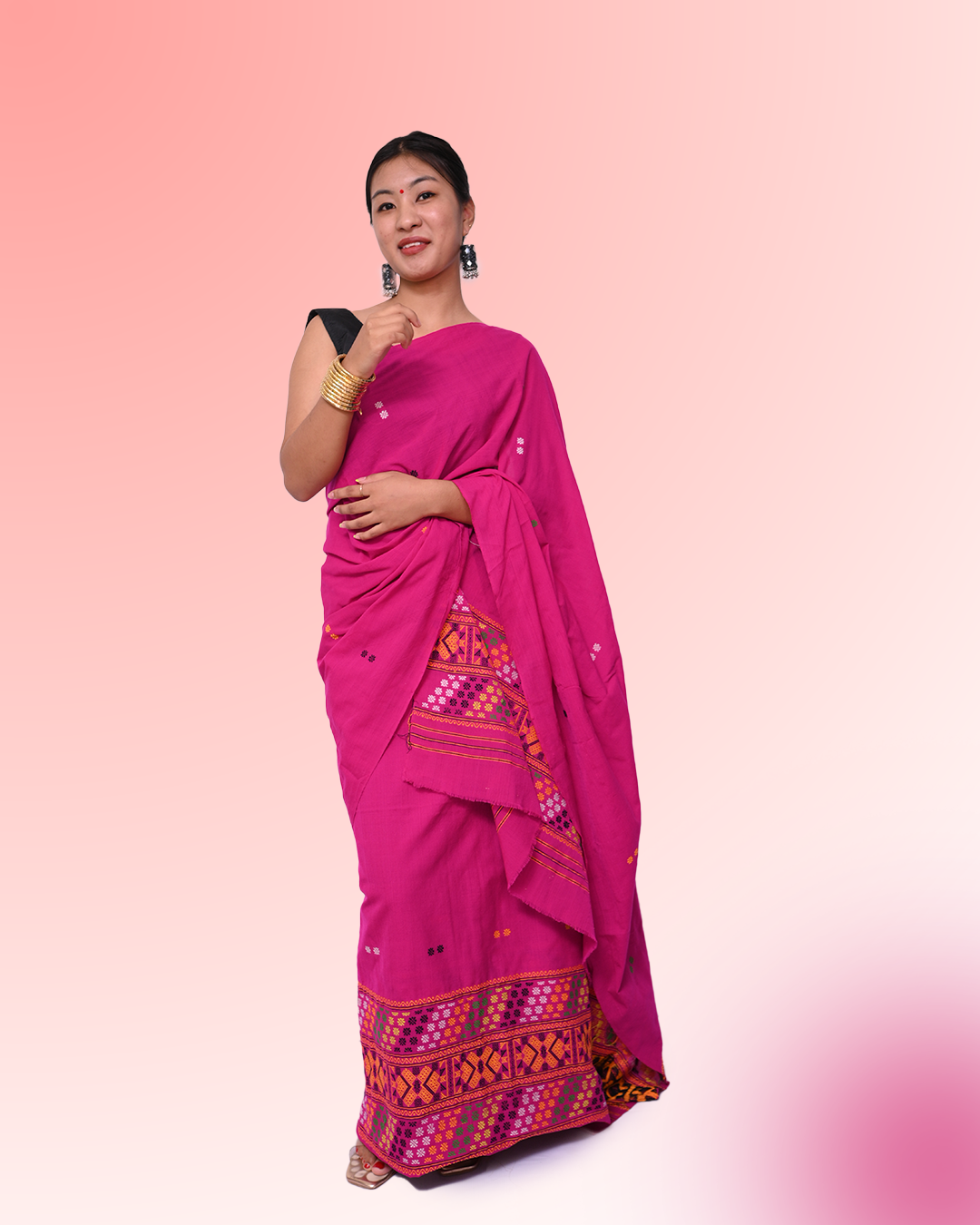 Handcrafted Ready to Wear Magenta Pink Padmini Cotton Mising Mekhela Sador with Unstitched Blouse Piece