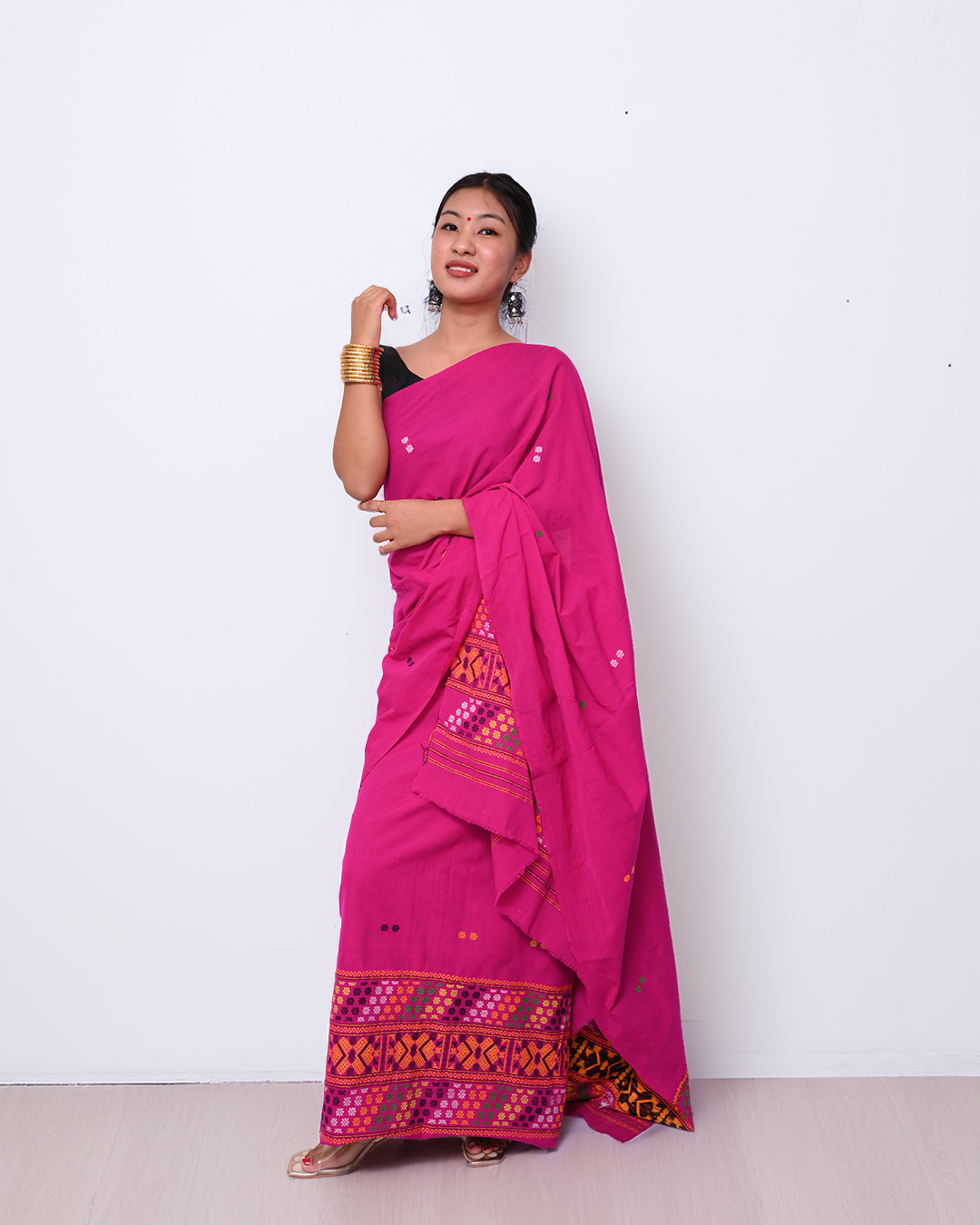 Handcrafted Ready to Wear Magenta Pink Padmini Cotton Mising Mekhela Sador with Unstitched Blouse Piece