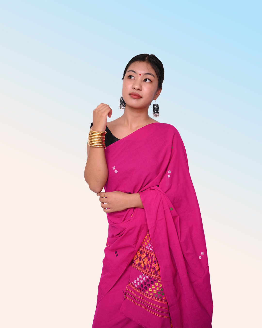 Handcrafted Ready to Wear Magenta Pink Padmini Cotton Mising Mekhela Sador with Unstitched Blouse Piece