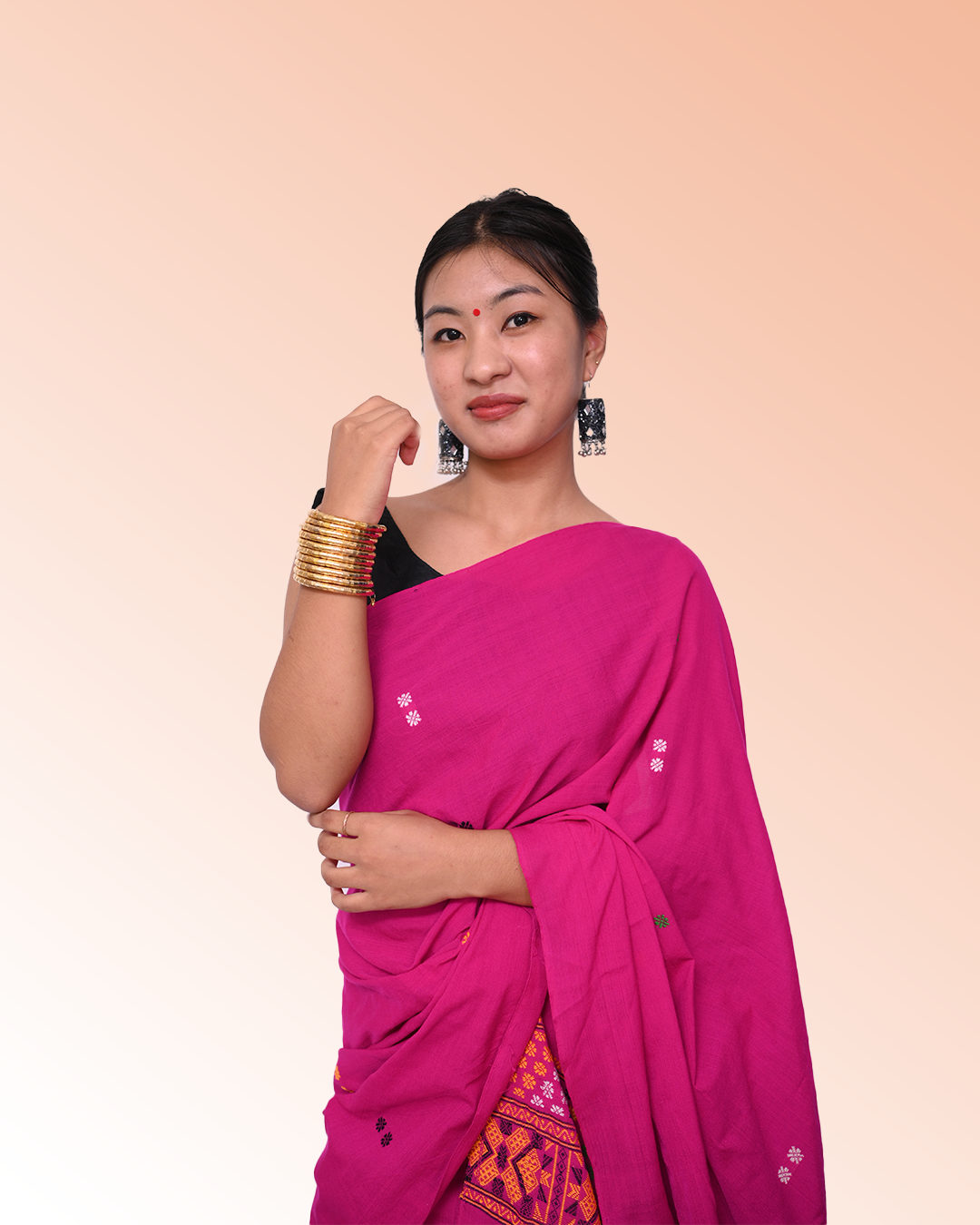 Handcrafted Ready to Wear Magenta Pink Padmini Cotton Mising Mekhela Sador with Unstitched Blouse Piece