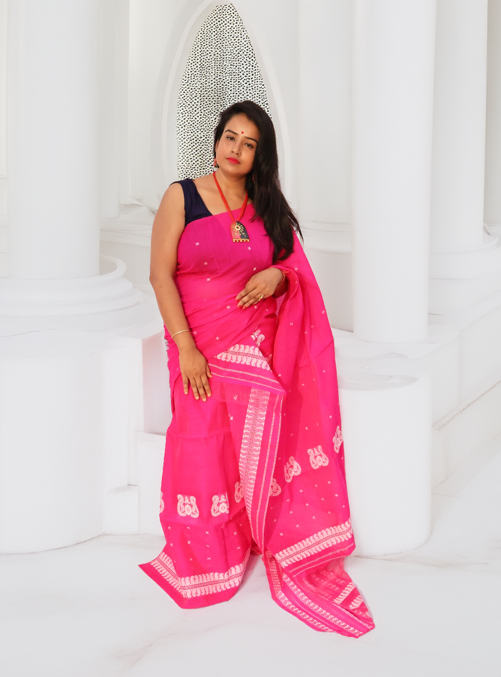 Handcrafted Ready-to-Wear Pink Staple Cotton Mekhela Sador (With Unstitched Blouse Piece)