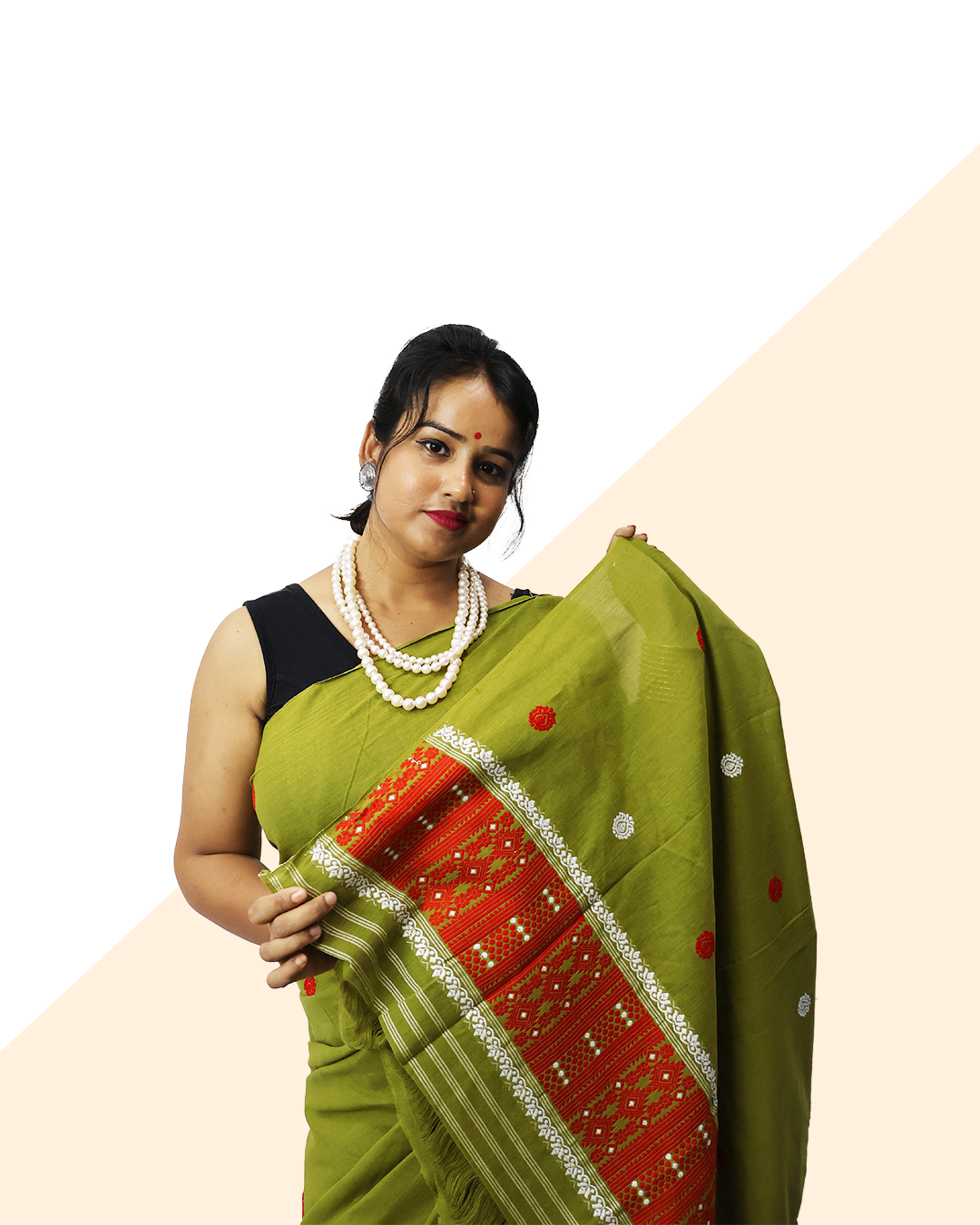 Elegant Olive Green Pure Cotton Mekhela Sador – Ready-to-Wear Edition with Unstitched Blouse Piece