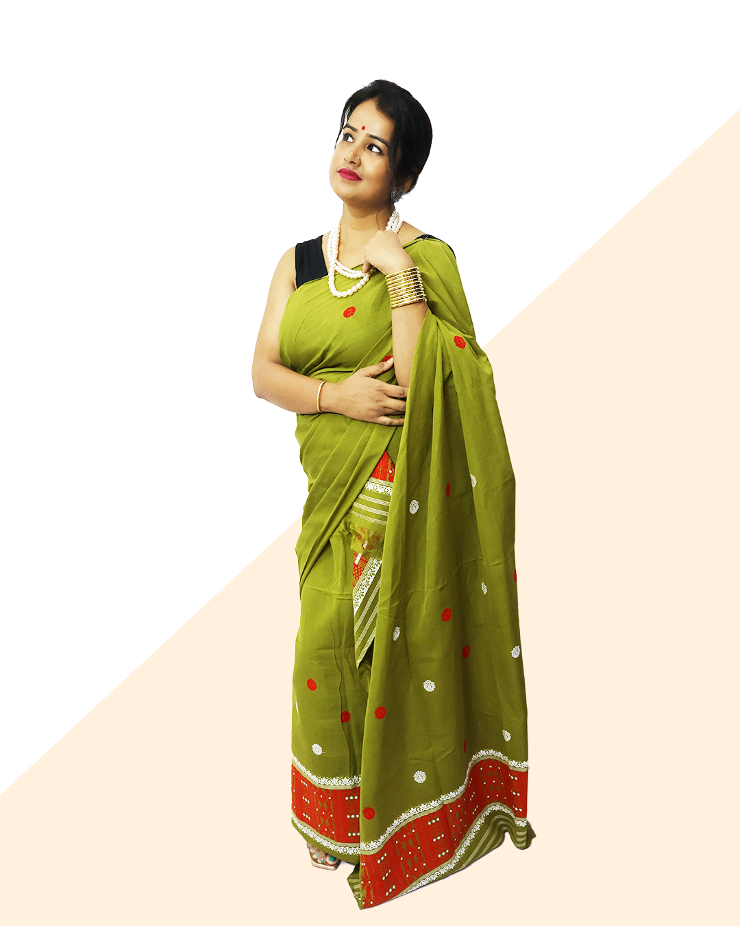 Elegant Olive Green Pure Cotton Mekhela Sador – Ready-to-Wear Edition with Unstitched Blouse Piece