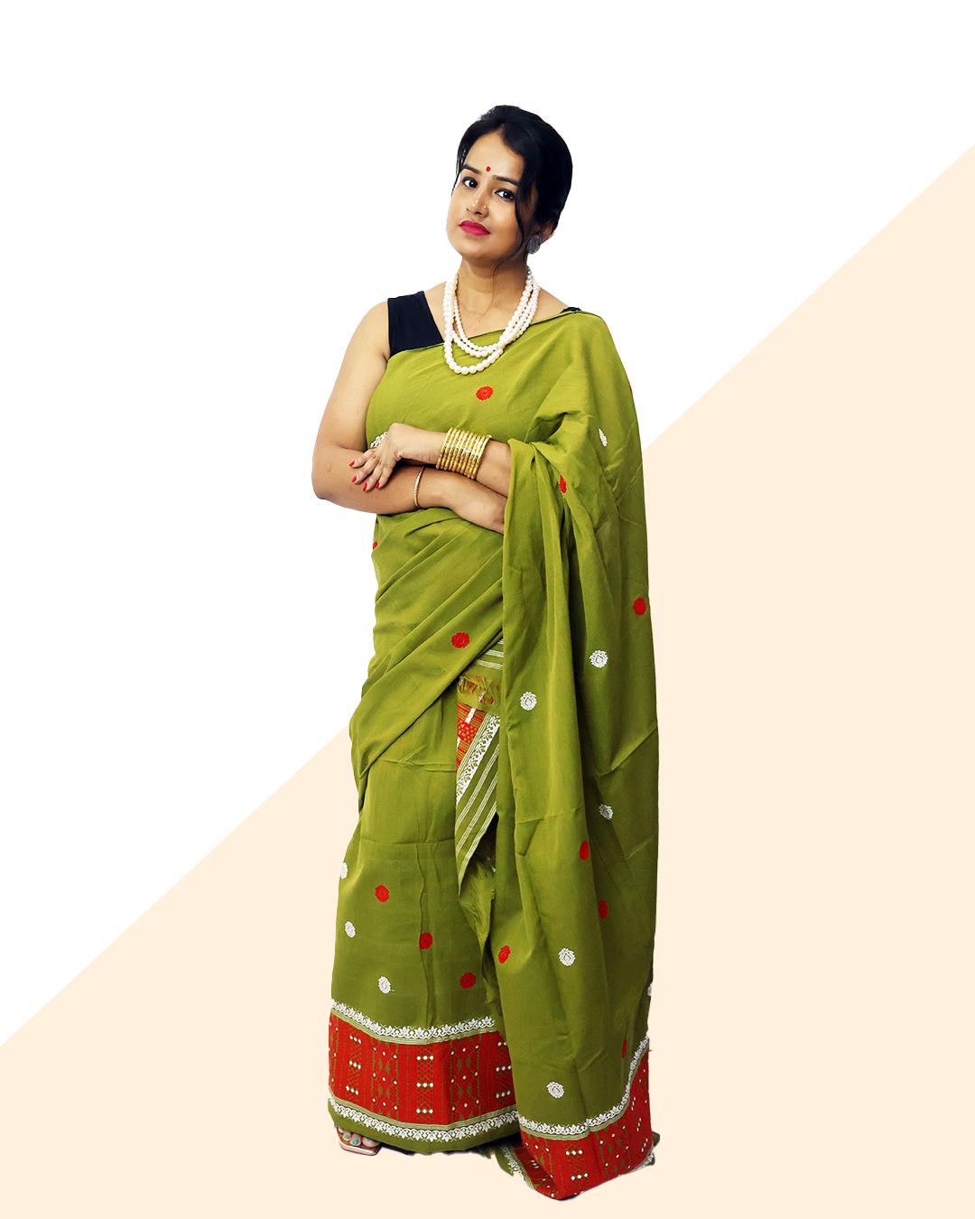 Elegant Olive Green Pure Cotton Mekhela Sador – Ready-to-Wear Edition with Unstitched Blouse Piece