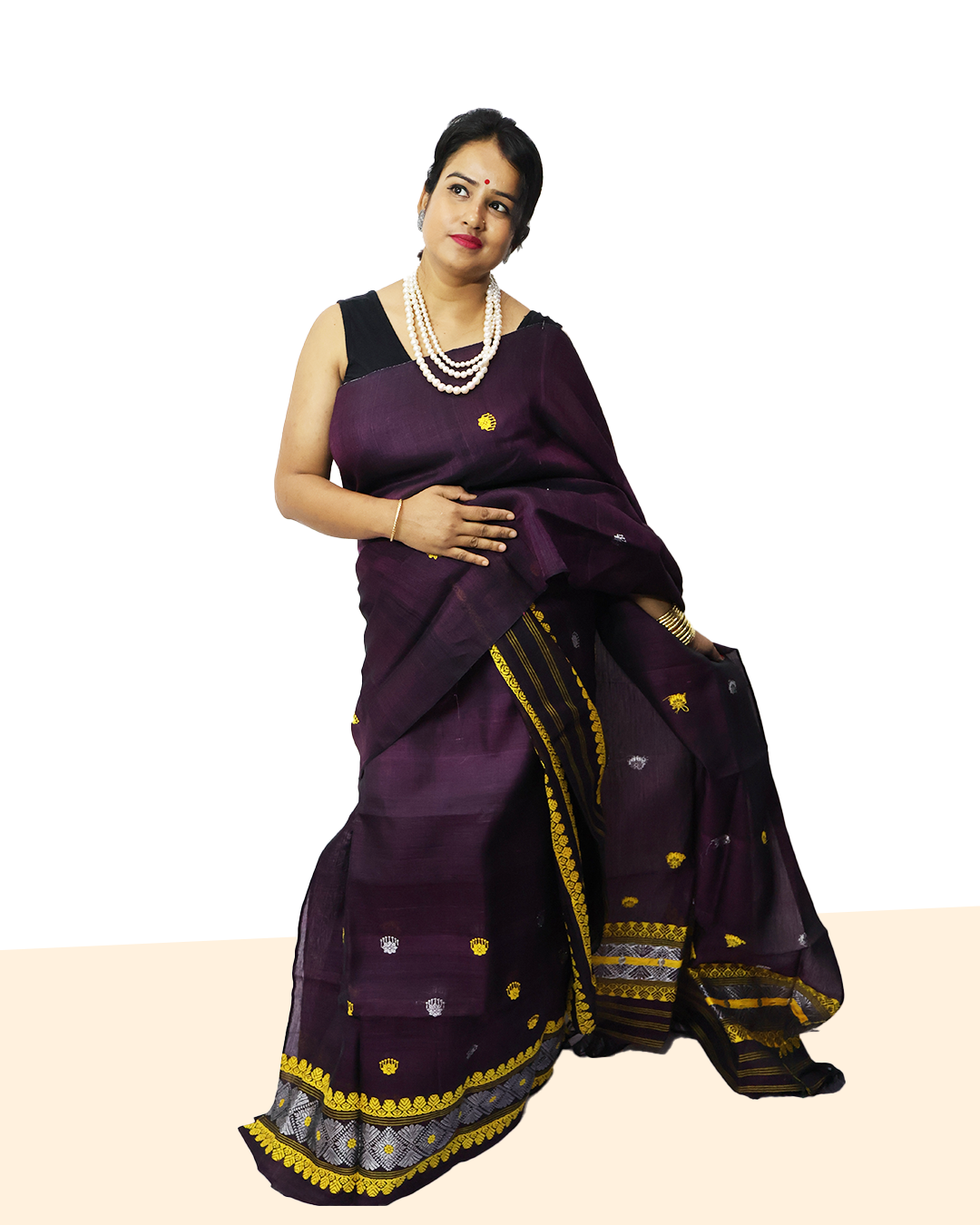 Handcrafted Dark Plum Nooni Cotton Mekhela Sador with Unstitched Blouse Piece