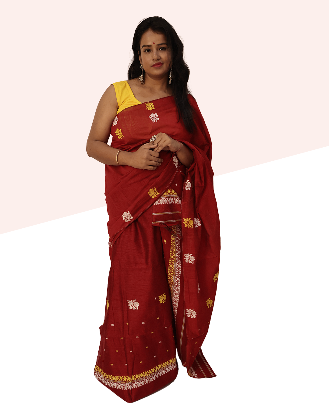 Handwoven Deep Red Staple Cotton Mekhela Sador – Ready-to-Wear Edition with Unstitched Blouse Piece
