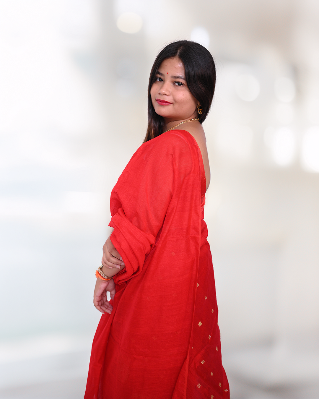 Handcrafted Dark Red Staple Cotton Mekhela Sador with Unstitched Blouse Piece