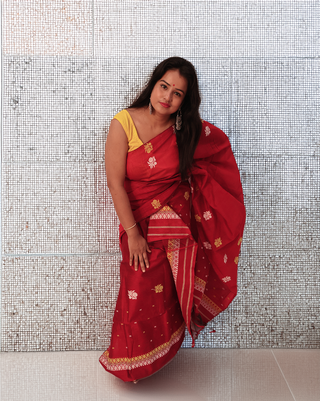 Handwoven Deep Red Staple Cotton Mekhela Sador – Ready-to-Wear Edition with Unstitched Blouse Piece