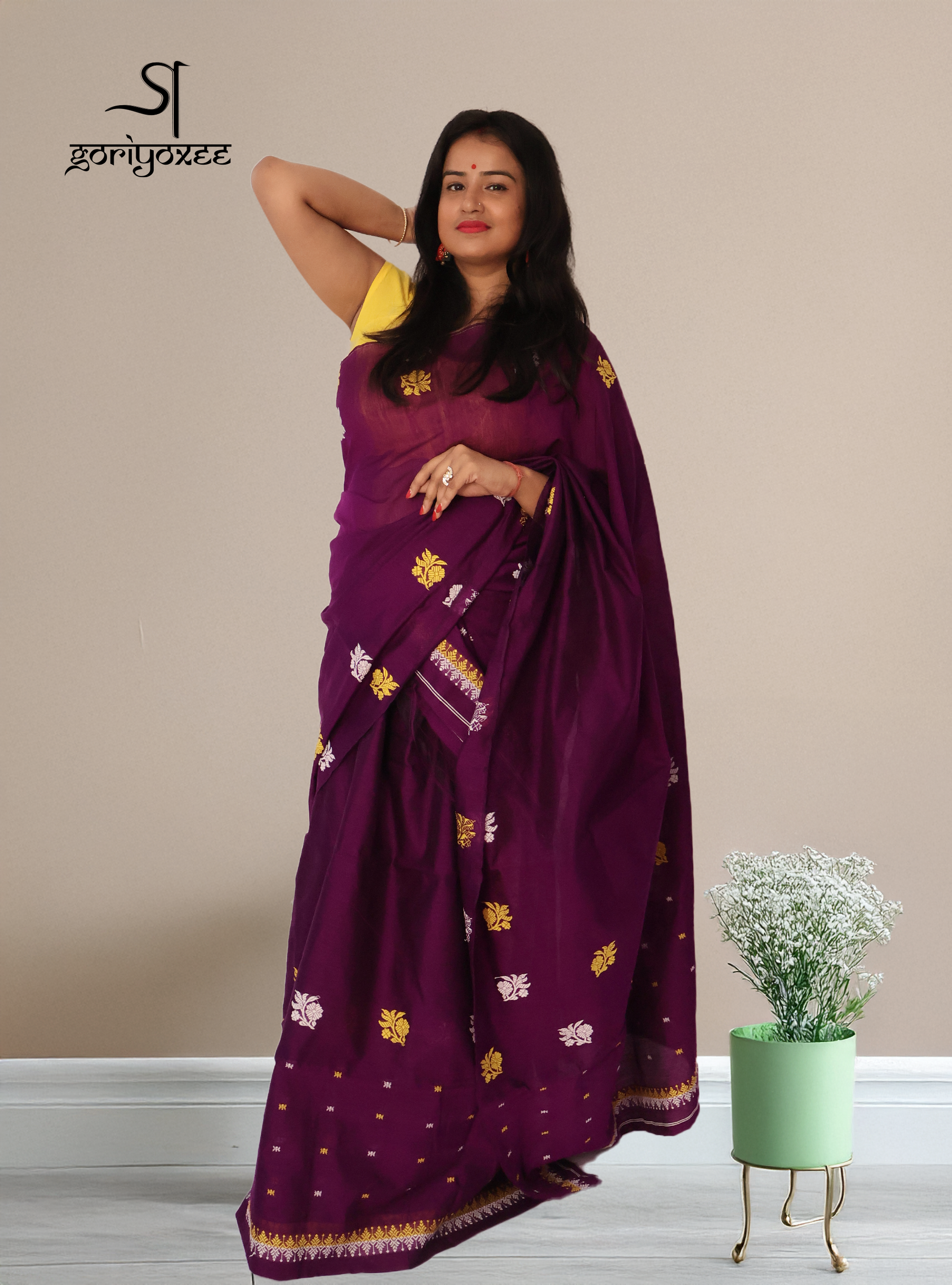 Handwoven Deep Plum Staple Cotton Mekhela Sador (Ready to Wear) with Yellow  White Floral Motifs + Unstitched Blouse Piece