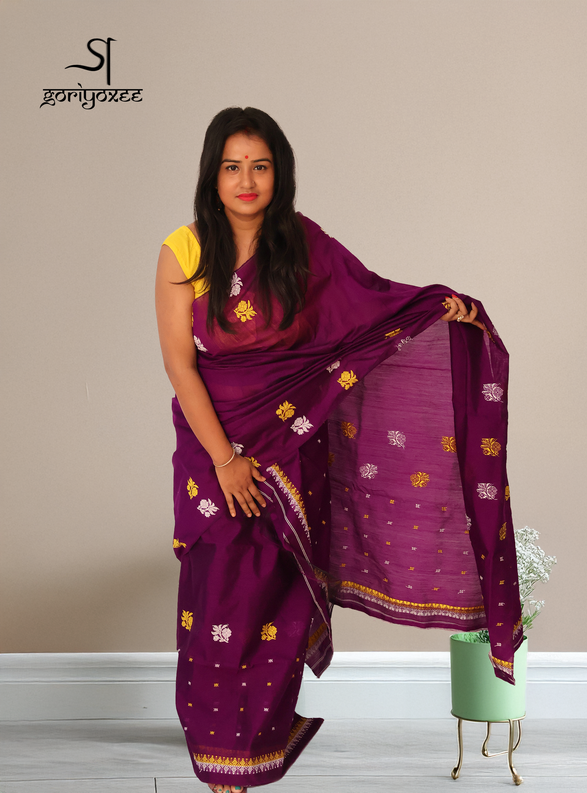 Handwoven Deep Plum Staple Cotton Mekhela Sador (Ready to Wear) with Yellow  White Floral Motifs + Unstitched Blouse Piece